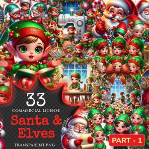 Santa & Elves PNG Clipart Collection - 33 PNG, Cheerful holiday illustrations, Xmas images, Commercial use, Digital download