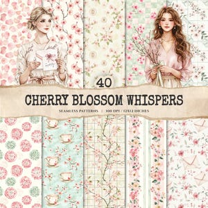 以下が含まれることがあります： 桜の花のデザインが施された、40種類のシームレスパターンコレクション。白、淡い緑、模様など、さまざまな背景にピンクの花が描かれています。「Cherry Blossom Whispers」の文字と、30.48cm x 30.48cmのサイズが含まれています。