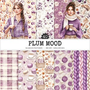 May include: A collection of 40 seamless patterns with a plum color theme. The patterns include floral designs, plaid, and illustrations of plums, macarons, and coffee cups. The text "PLUM MOOD" is displayed prominently, along with the dimensions.