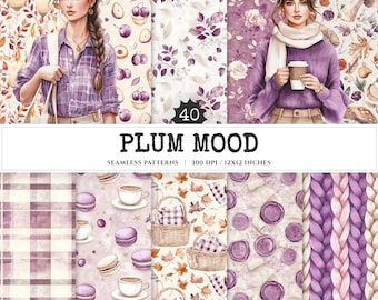 Plum Mood Seamless Patterns, Autumn Floral Plaid, Scrapbook Paper (Digital Download)