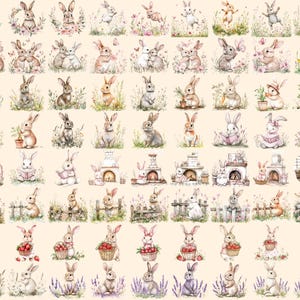 Cottagecore Bunnies Watercolor Clipart Bundle - 594+ transparent PNG, Rustic rabbit graphics, Cute bunny, Commercial use, Digital download