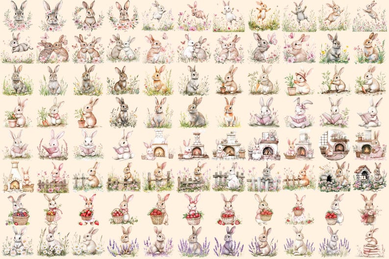 Cottagecore Bunnies Watercolor Clipart Bundle - 594+ transparent PNG, Rustic rabbit graphics, Cute bunny, Commercial use, Digital download