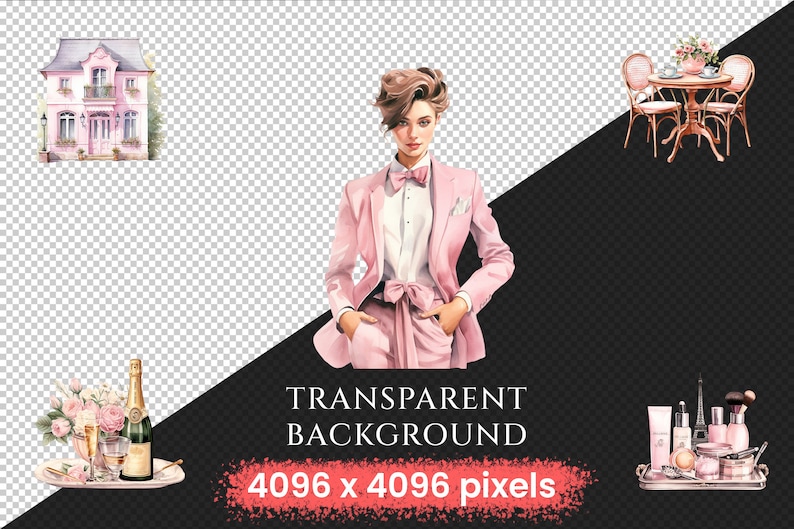 Bonjour Paris Watercolor Clipart Bundle - 575+ transparent PNG, Pink paris graphics, French illustrations, Commercial use, Digital download
