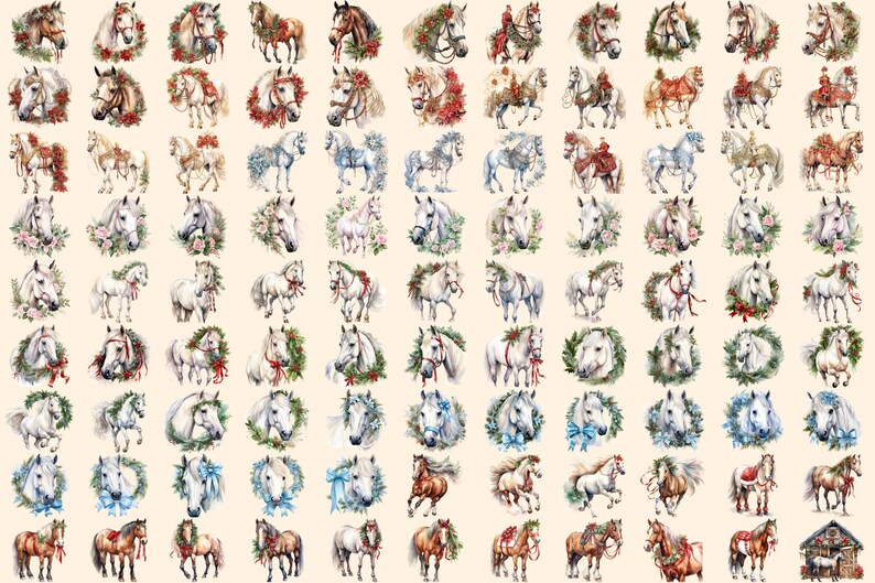 Christmas Horses Watercolor Clipart – Festive PNG Graphics (digital ...