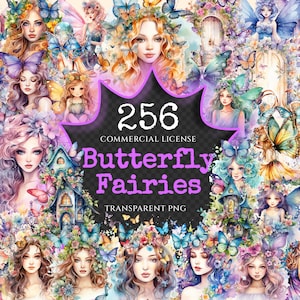 Schmetterlingsfeen Aquarell Clipart Bundle - 252+ transparente PNG, Zauberhaftes Fantasy PNG, Süßes Storybook, Kommerzielle Nutzung, Digitaler Download