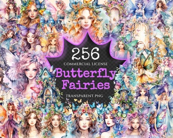 Puede incluir: Un collage de 256 ilustraciones de acuarela de hadas con alas de mariposa. Las hadas se representan con diversas expresiones y poses, y están rodeadas de flores y otros elementos naturales. El texto "256 Commercial License Butterfly Fairies Transparent PNG" se muestra en el centro de la imagen.