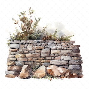 20 High-Quality Rustic Stone Wall Clipart - Rustic stone wall digital watercolor JPG instant download for commercial use - Digital download