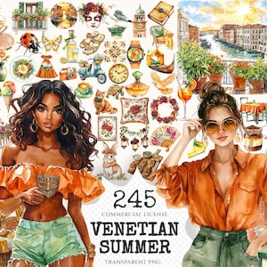 Venetian Summer Watercolor Clipart Set - 240+ transparent PNG, Italian summer graphics, Roman travel png, Commercial use, Digital download