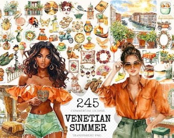 Venetian Summer Watercolor Clipart Set – Italian Travel Graphics (Digital Download)