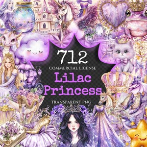 Lilac Princess Watercolor Clipart Bundle - 710+ transparent PNG, Floral fairytale graphics, Regal images, Commercial use, Digital download