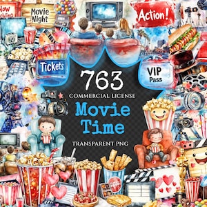 Movie Time Watercolor Clipart Bundle - 760+ transparent PNG, Cinema snacks illustration, Movie night art, Commercial use, Digital download