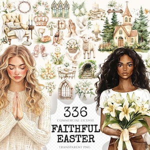 Faithful Easter Watercolor Clipart Set - 330+ transparent PNG, He is risen illustrations, Jesus graphics, Commercial use, Digital download