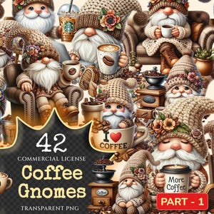 Coffee Gnomes PNG Clipart Collection - 42 PNG, Latte lover illustrations, Coffee gnome printables, Commercial use, Digital download