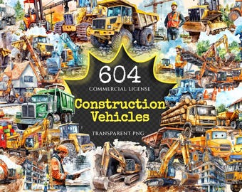 Watercolor Construction Vehicles Clipart – 600+ PNG Images (Digital Download)