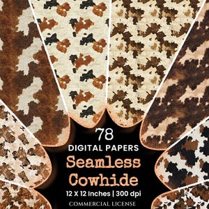 Cowhide Seamless Digital Paper - 78 Scrapbook patterns, Rustic cowhide patterns, Western style backgrounds, Commercial use, Digital download