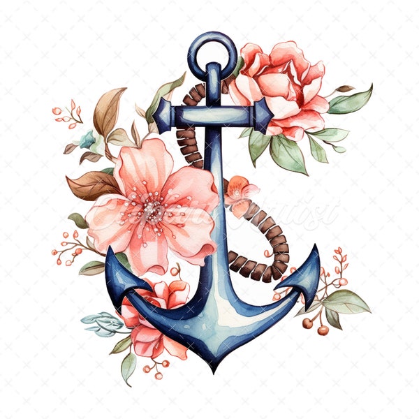 20 High-Quality Floral Anchor Clipart - Floral anchor digital watercolor JPG instant download for commercial use - Digital download