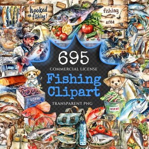 Fishing Watercolor Clipart Bundle - 690+ transparent PNG, Fishing gear illustration, Angler equipment art, Commercial use, Digital download