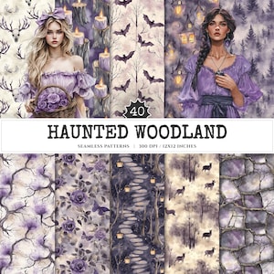 May include: A digital art collection titled "Haunted Woodland" featuring seamless patterns. The patterns include images of women, bats, candles, and woodland scenes in shades of purple and gray. The collection includes 40 patterns, each 12x12 inches.