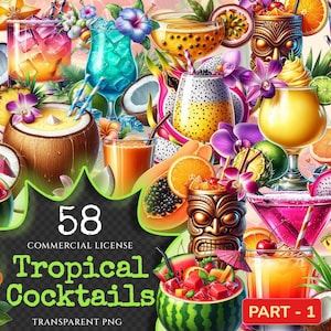Tropical Cocktails PNG Clipart Collection - 58 PNG, Tropical cocktail illustrations, Summer printables, Commercial use, Digital download