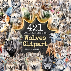 Wolves Watercolor Clipart Bundle - 415+ transparent PNG, Wolf graphics, Cute wolf, Forest animal images, Commercial use, Digital download
