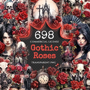 Gothic Roses Watercolor Clipart Bundle - 695+ transparent PNG, Moody romantic floral png, Vintage rose art, Commercial use, Digital download