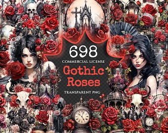 Gothic Roses Watercolor Clipart Bundle – 695+ PNG, Commercial Use (Digital Download)