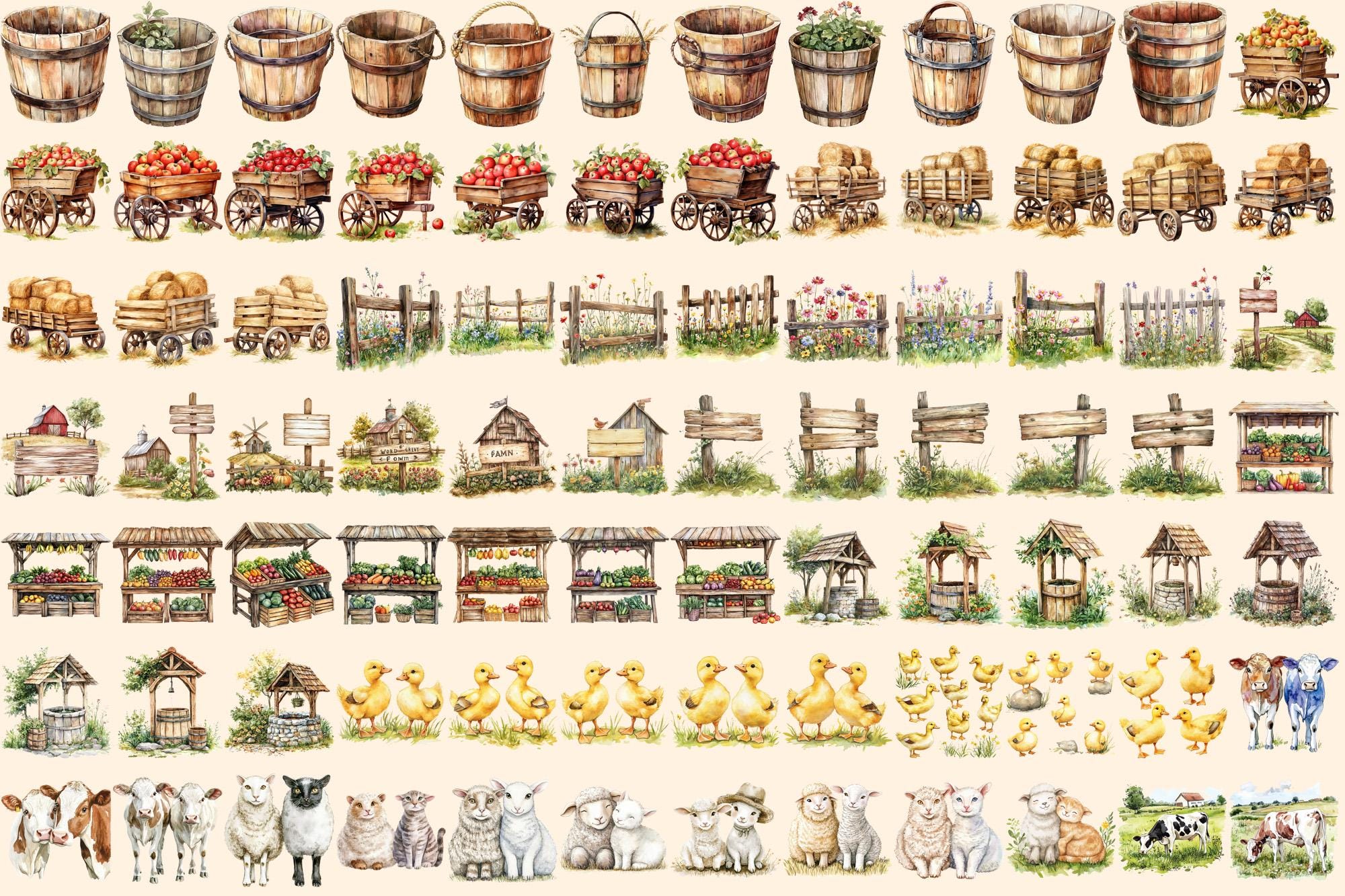 Watercolor Farm Clipart Bundle – Rustic Farmhouse PNG (digital Download ...