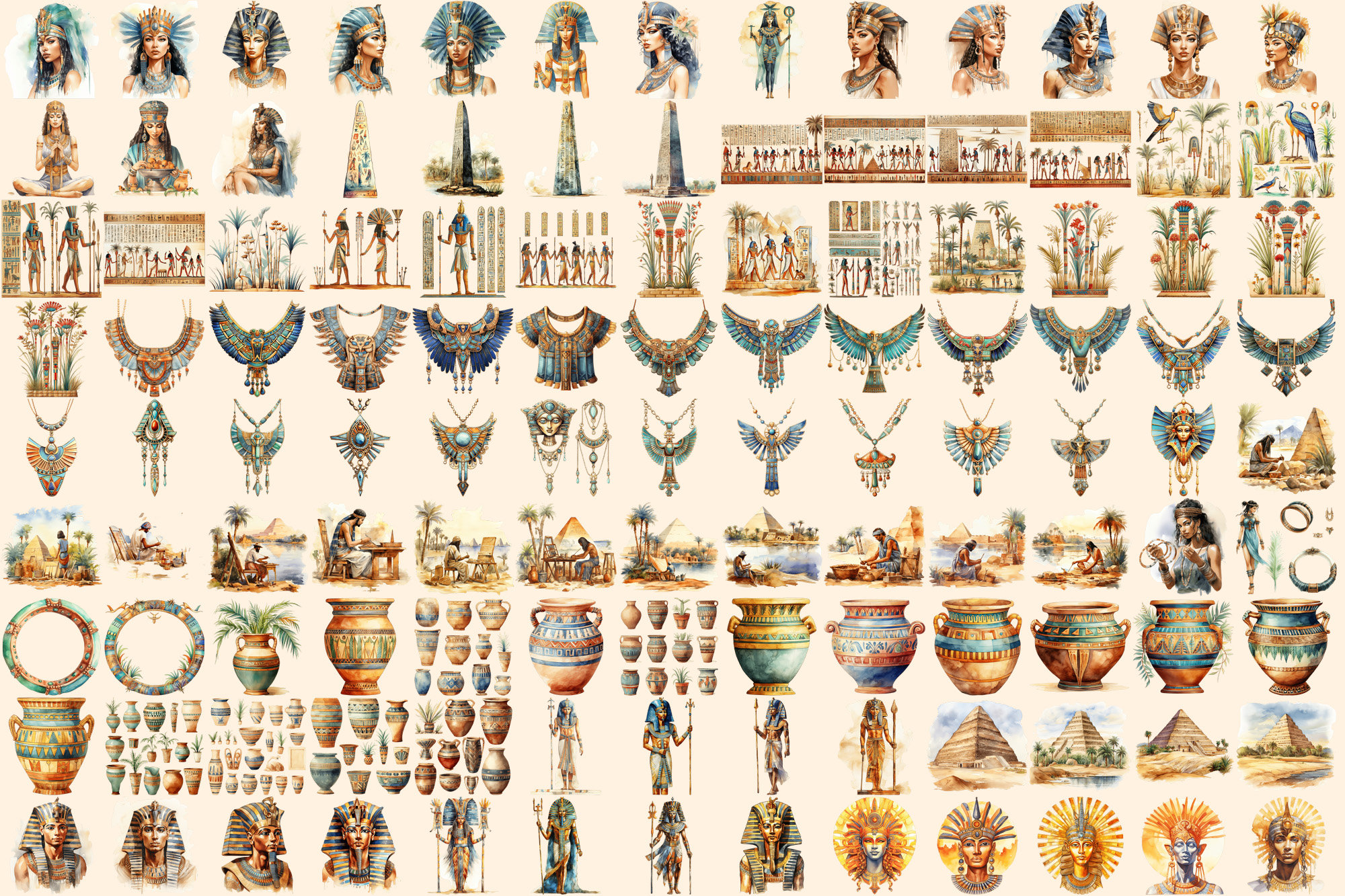 Ancient Egypt Watercolor Clipart Bundle – Pharaohs, Pyramids (digital ...