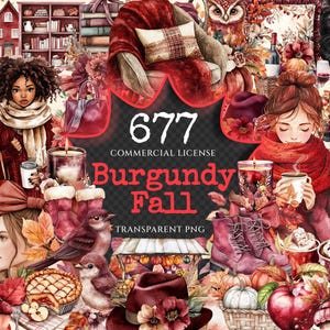 Burgundy Fall Watercolor Clipart Bundle - 672+ transparent PNG, Autumn burgundy images, Seasonal leaf png, Commercial use, Digital download