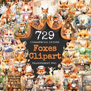 Foxes Watercolor Clipart Bundle - 725+ transparent PNG, Adorable woodland fox illustrations, Forest animal, Commercial use, Digital download