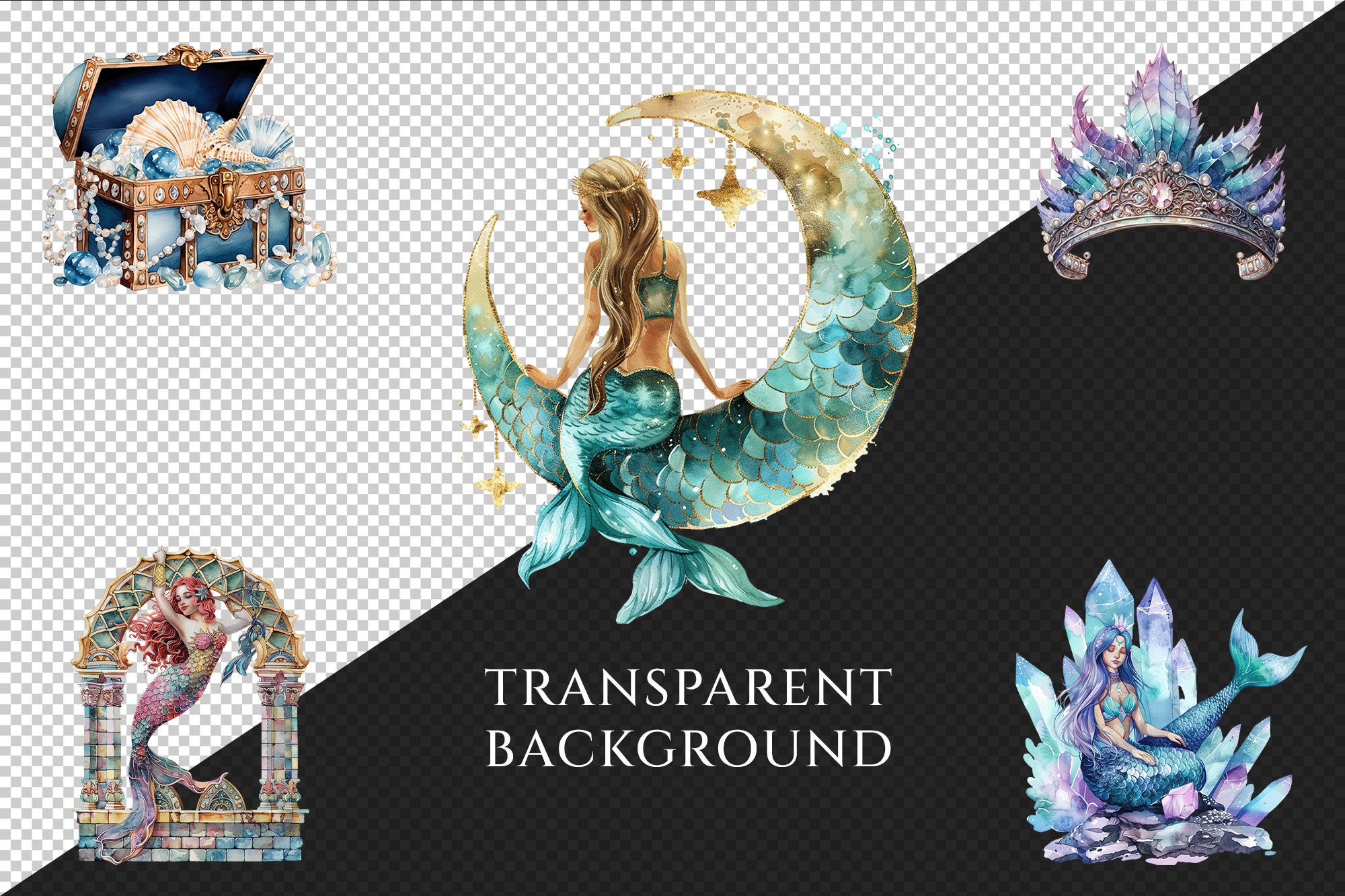 Watercolor Mermaid Clipart – 670+ PNG Illustrations (digital Download ...