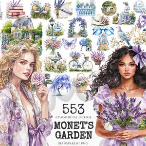 Monet's Garden Watercolor Clipart Set - 550+ transparent PNG, Spring garden graphics, Romantic florals art, Commercial use, Digital download