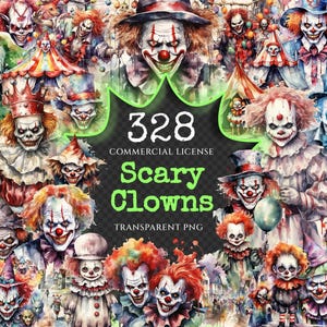 Scary Clowns Watercolor Clipart Bundle - 325+ transparent PNG, Creepy halloween graphics, Spooky clown art, Commercial use, Digital download