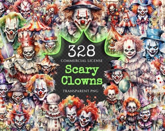 Scary Clowns Watercolor Clipart Bundle – Halloween PNG Graphics (Digital Download)