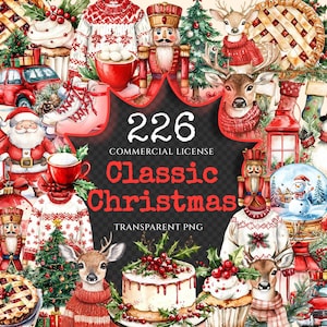 Classic Christmas Watercolor Clipart Bundle - 223+ transparent PNG, Timeless holiday graphics, Festive art, Commercial use, Digital download