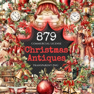 Christmas Antiques Watercolor Clipart Bundle - 875+ transparent PNG, Vintage christmas image, Classic Xmas, Commercial use, Digital download