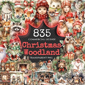 Paquete de imágenes prediseñadas de acuarela de bosque navideño: más de 830 PNG transparentes, imágenes de bosques festivos, diseños de animales, uso comercial, descarga digital