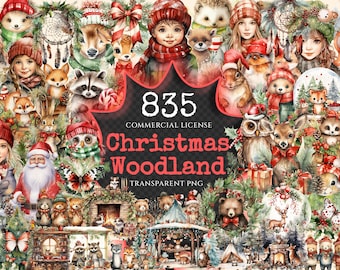 Christmas Woodland Watercolor Clipart Bundle - 830+ PNG Images (Digital Download)