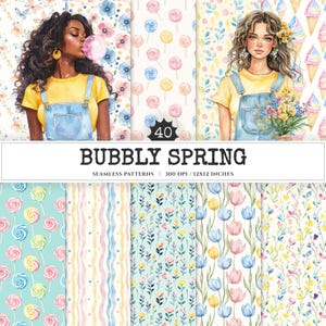 Bubbly Spring Seamless Patterns, Springtime floral JPEG, Sweet pastel pattern, Fun lollipop repeating pattern, Digital scrapbook paper