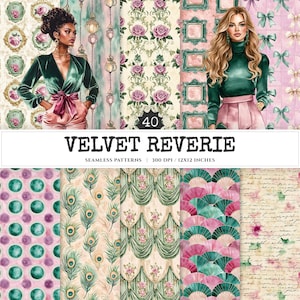 Velvet Reverie Seamless Patterns, Vintage Fashion JPEG, Pink pastel rose pattern, Emerald, Antique repeating pattern,Digital scrapbook paper