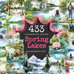 Spring Lakes Watercolor Clipart Bundle - 430+ transparent PNG, Peaceful lake graphics, Soothing scenic png, Commercial use, Digital download