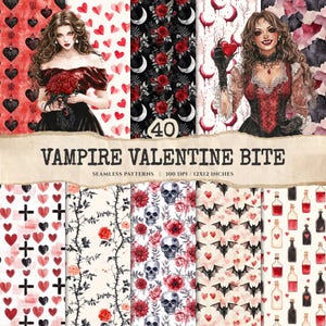 Op de afbeelding: Een verzameling van 40 naadloze patronen met een vampier- en Valentijnsthema. De patronen bevatten illustraties van harten, rozen, schedels, vleermuizen en flessen. De titel "Vampire Valentine Bite" staat op een gescheurde papieren banner.