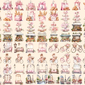 Bonjour Paris Watercolor Clipart Bundle - 575+ transparent PNG, Pink paris graphics, French illustrations, Commercial use, Digital download