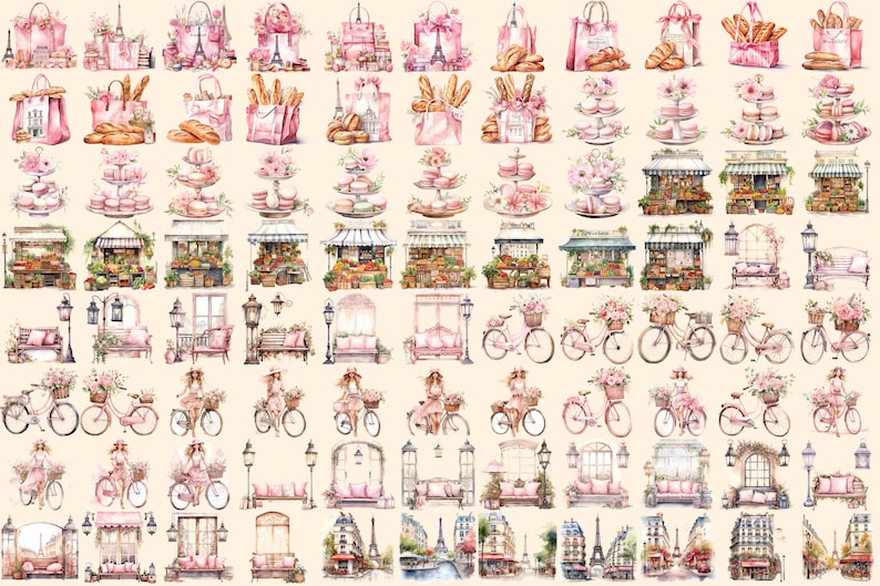 Bonjour Paris Watercolor Clipart Bundle - 575+ transparent PNG, Pink paris graphics, French illustrations, Commercial use, Digital download