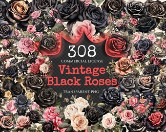 Vintage Black Roses Watercolor Clipart Bundle – Gothic PNG Images (Digital Download)