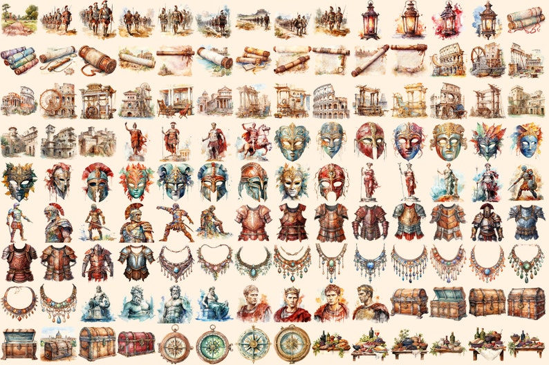 Ancient Rome Watercolor Clipart Bundle - 860+ transparent PNG, Classical empire graphics, Ancient roman, Commercial use, Digital download