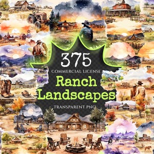 Ranch Landscapes Watercolor Clipart Bundle - 370+ transparent PNG, Western town scenes, Rustic scenic art, Commercial use, Digital download