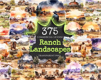 Puede incluir: Un collage de paisajes de rancho en acuarela con una variedad de escenas, incluyendo vaqueros, caballos y edificios de rancho. La imagen incluye el texto "375 Ranch Landscapes" y "Commercial License".