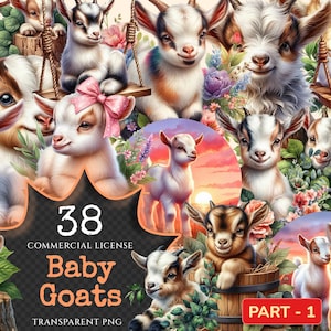 Baby Goats PNG Clipart Collection - 38 PNG, Charming goat illustrations, Farmyard art printables, Commercial use, Digital download