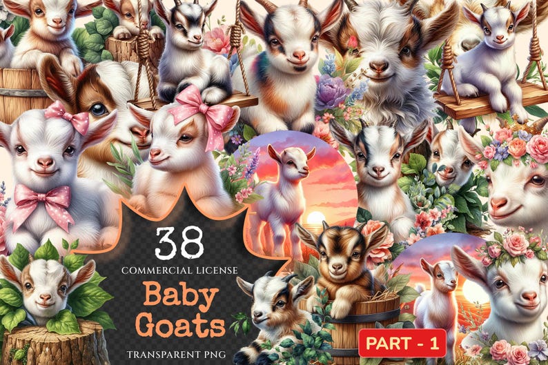 Baby Goats PNG Clipart Collection - 38 PNG, Charming goat illustrations, Farmyard art printables, Commercial use, Digital download